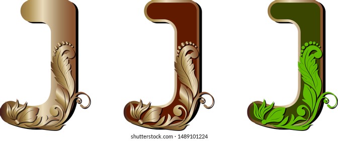 Capital letters are decorated with decorative leaves, letter J 