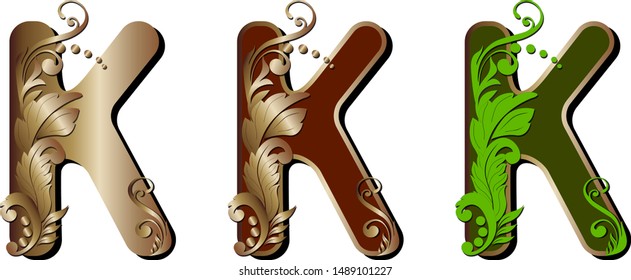 Capital letters are decorated with decorative leaves, letter K 