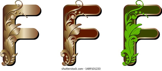 Capital letters are decorated with decorative leaves, letter F 