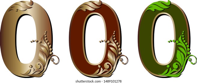 Capital letters are decorated with decorative leaves, letter O 