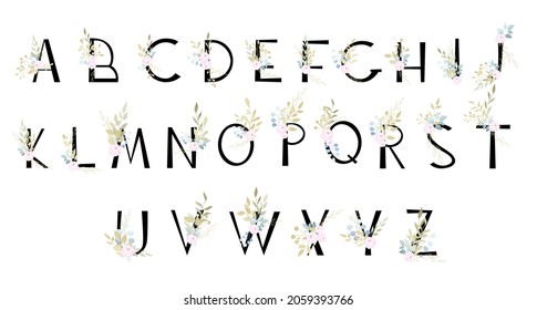 Capital letters, decorated with a delicate bouquet. Set of flower arrangements for congratulations, wedding, invitations, anniversary.