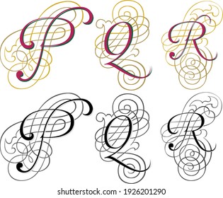 capital letters decorative with ornament for design P Q R