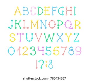 Capital letters and digits of the English alphabet. Vector font. Scheme. Connection. Colored letters on a white background. 