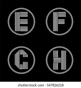 Capital letters E, F, G, H. From white stripe in a black circle. Overlapping with shadows. Logo, monogram, emblem trendy design.