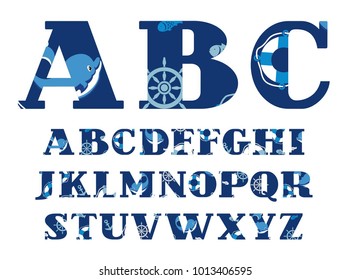 Capital letters of the English alphabet. Nautical theme. Blue letters with dolphins. The attributes of sea travel. Vector font. 