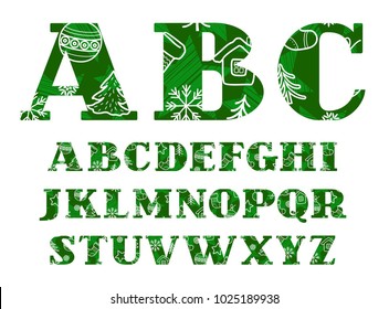 Capital letters of the English alphabet. New year and winter fun. White line drawings on a green background. Color font with serif. Vector clip art. 