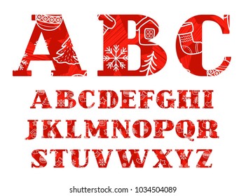 Capital letters of the English alphabet. New year and winter fun. White line drawings on a red background. Color font with serif. Vector clip art. 