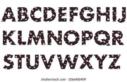 Capital letters of the English alphabet, painted with a colorful background with hearts.Template for design, fabric, print.