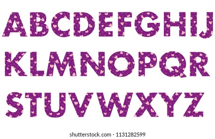 Capital letters of the English alphabet, painted with a colorful background with hearts.Template for design, fabric, print.