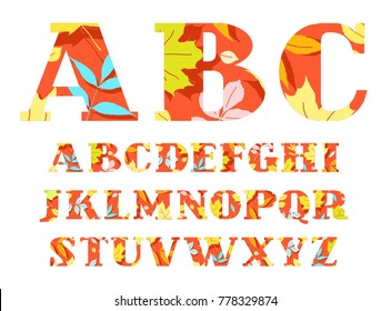 Capital letters of the English alphabet. Vector font. Letters with serifs. Red letters with yellow and blue autumn leaves. Autumn, nature. 