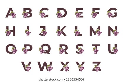 capital letters with grapes. fruit, harvest and winemaking alphabet design. isolated vector images