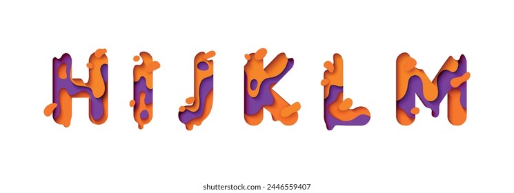 capital letters H, I, J, K, L, M, font design in paper cut style. vector illustration