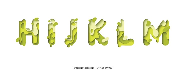 capital letters H, I, J, K, L, M, font design in paper cut style. vector illustration
