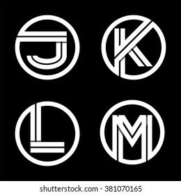 Capital letters J, K, L, M.From double white inscribed in a circle.  Overlapping with shadows. Logo, monogram, emblem trendy design. 