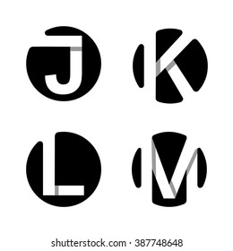 Capital letters J, K, L, M. From white stripe in a black circle.  Overlapping with shadows. Logo, monogram, emblem trendy design.