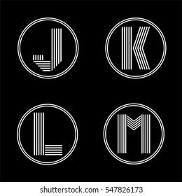 Capital letters J, K, L, M . From white stripe in a black circle. Overlapping with shadows. Logo, monogram, emblem trendy design.