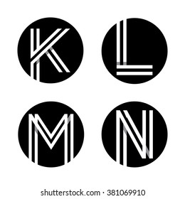 Capital letters K, L, M, N. From double white stripe in a black circle. Overlapping with shadows. Logo, monogram, emblem trendy design. 