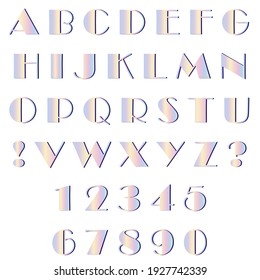 Capital letters of the Latin alphabet, exclamation, question marks and numbers: 1, 2, 3, 4, 5, 6, 7, 8, 9, 0. Vector set of elements with gradient rainbow fill in pastel colors. Broadway.