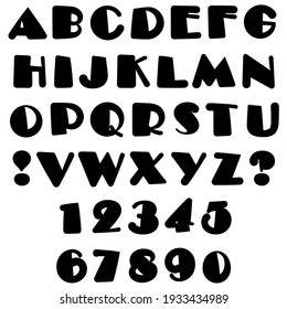 Capital letters of the Latin alphabet, exclamation, question marks and numbers: 1, 2, 3, 4, 5, 6, 7, 8, 9, 0. Vector set of black isolated elements on a white background.