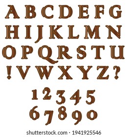 Capital letters of the latin alphabet, exclamation, question marks and numbers: 1, 2, 3, 4, 5, 6, 7, 8, 9, 0. Vector set of isolated brown elements with wooden texture on a white background.