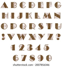 Capital letters of the latin alphabet, exclamation point, question marks and numbers: 1, 2, 3, 4, 5, 6, 7, 8, 9, 0. Vector set of isolated brown elements with cobwebs on a white background.