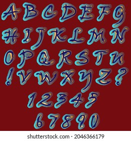 Capital letters of the Latin alphabet, exclamation, question marks and numbers: 1, 2, 3, 4, 5, 6, 7, 8, 9, 0. Vector set of blue elements with orange highlights on a burgundy background. Handwritten.