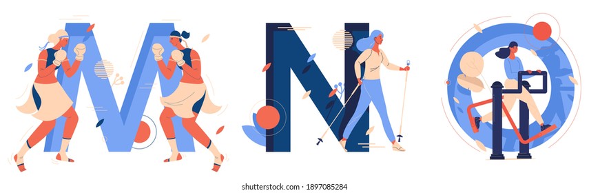 Las letras mayúsculas M para muay thai, N para caminar nórdico o para el gimnasio al aire libre. Colección educativa con letras creativas y deportes de entrenamiento femenino