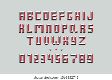 capital letters and numbers with red elements on grey background. trendy vintage vector alphabet easy to edit and customize. eps 10