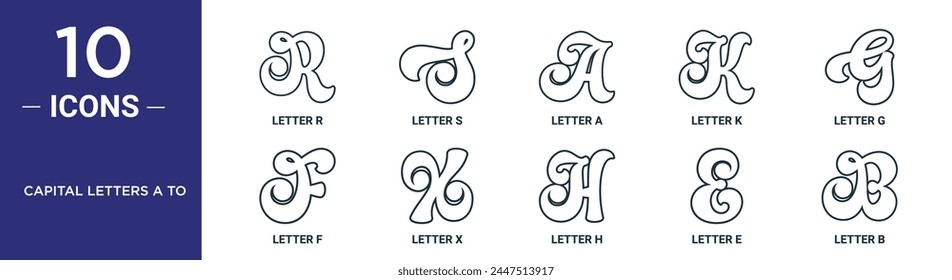 capital letters a to outline icon set includes thin line letter r, letter s, letter a, k, g, f, x icons for report, presentation, diagram, web design
