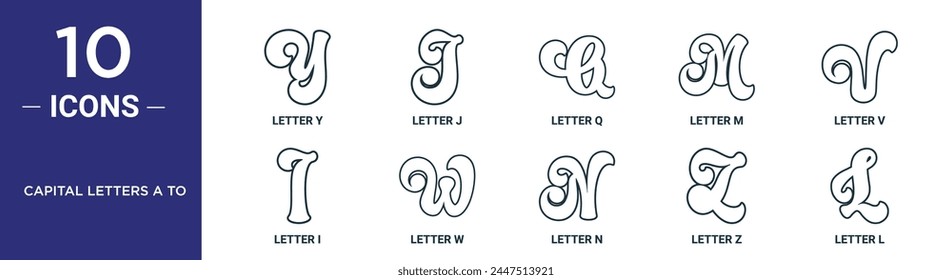 capital letters a to outline icon set includes thin line letter y, letter j, letter q, m, v, i, w icons for report, presentation, diagram, web design