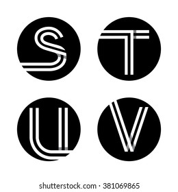 Capital letters S, T, U, V. From double white stripe in a black circle. Overlapping with shadows. Logo, monogram, emblem trendy design. 