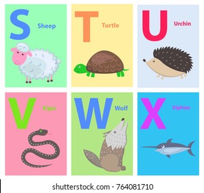 Capital letters S, T, U, V, W, X as part of alphabet vector. Fluffy sheep, sea turtle, cute urchin, dangerous viper, forest wolf and funny xiphias