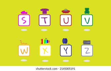 Capital letters S to Z in a square with an example of an object above the square. Suitable for children's products