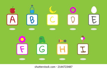 Capital letters A to I in a square with an example of an object above the square. Suitable for children's products