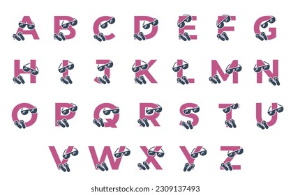 capital letters with sunglasses and flip flops. summer vacation alphabet design. isolated vector color images