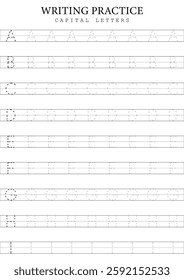 Capital Letters Tracing 1 A to I Template for Kids, Simple Vector Alphabet Writing Practice Sheet