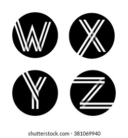 Capital letters W, X, Y, Z. From double white stripe in a black circle. Overlapping with shadows. Logo, monogram, emblem trendy design. 