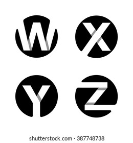 Capital letters W, X, Y, Z. From white stripe in a black circle.  Overlapping with shadows. Logo, monogram, emblem trendy design.