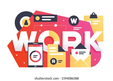 Capital letters for work sign vector illustration. Plate surrounded with network icons flat style. Mail and smartphone images. Modern information methods and business concept