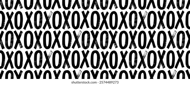 Capital letters x and o drawn by bold brush. Typographic grunge seamless pattern with bold letters. Stamp typography banner. Dirty textured vector font. Hand drawn characters with a rough  texture.