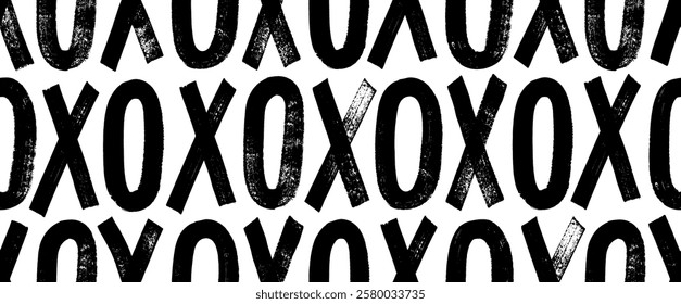 Capital letters x and o drawn by bold brush. Typographic grunge seamless pattern with bold letters. Stamp typography banner. Dirty textured vector font. Hand drawn characters with a rough  texture.