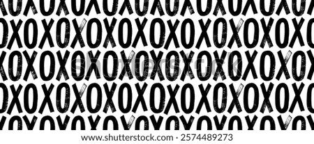 Capital letters x and o drawn by bold brush. Typographic grunge seamless pattern with bold letters. Stamp typography banner. Dirty textured vector font. Hand drawn characters with a rough  texture.