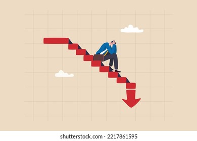 Capital Loss Or Losing Money From Investment, Stock Market Go Down Or Decline, Recession Or Economic Slow Down, Stock Market Crisis Concept, Broke Businessman Investor On Red Decline Graph And Chart.