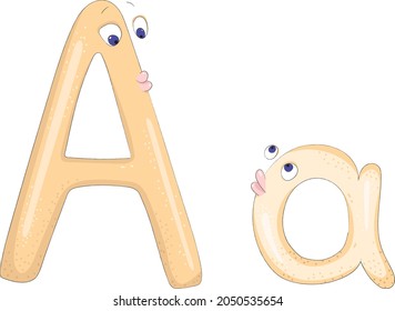 Capital and lowercase letters Aa from the English alphabet in the form of funny and cute cartoon characters of an adult and a kid. Pastel orange colors. Vector illustration