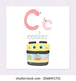 The capital and lowercase letters Cc in the form of cute characters. The word, starting with c, and funny image, which looks like a kind character. Sweet home series for the development of imagination