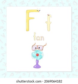 Las letras mayúsculas y minúsculas Ff en forma de personajes lindos. La palabra, empezando por f, y la imagen divertida, que parece un personaje amable. Dulce serie casera para el desarrollo de la imaginación