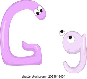 Capital and lowercase letters Gg from the English alphabet in the form of funny and cute cartoon characters of an adult and a kid. Pastel lilac colors. Vector illustration