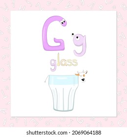 The capital and lowercase letters Gg in the form of cute characters. The word, starting with g, and funny image, which looks like a kind character. Sweet home series for the development of imagination