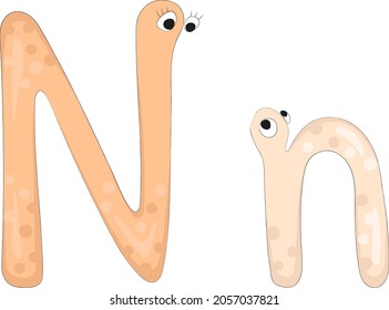 Capital and lowercase letters Nn from the English alphabet in the form of funny and cute cartoon characters of an adult and a baby. Pastel orange colors. Vector illustration