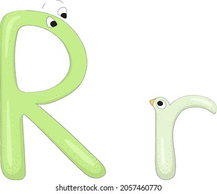 Capital and lowercase letters Rr from the English alphabet in the form of funny and cute cartoon characters of an adult and a baby. Pastel green colors. Vector illustration